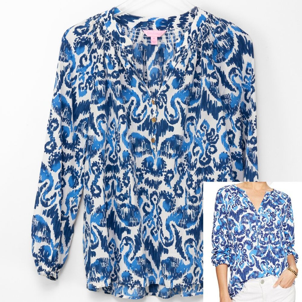 Lilly Pulitzer Elsa Top Silk Blouse Beach Bathers Flamingo Print Blue White Med